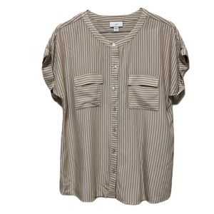 Women’s J. JILL, Roll-Up Sleeves, Round Neck Button Down Top, Tan/White, SP